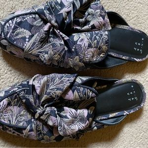 A New Day, slip on mules, beautiful tapestry with bows